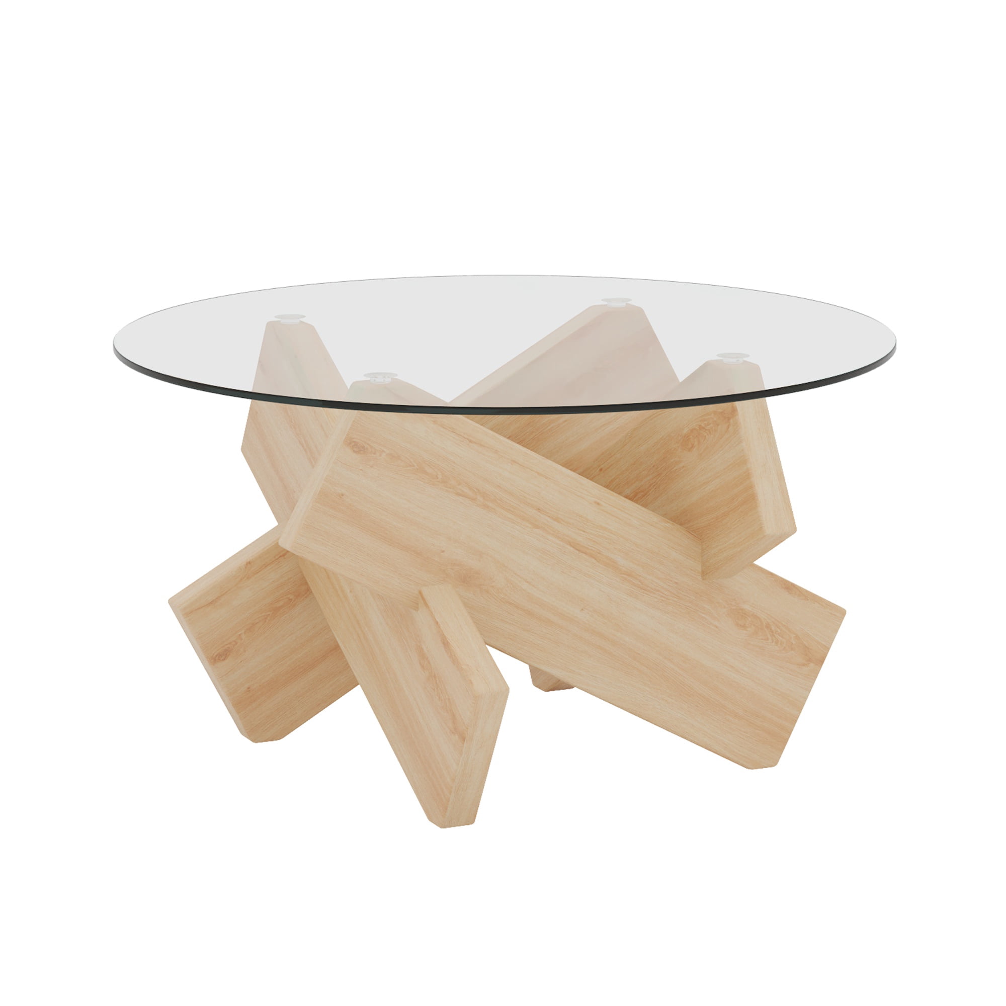 PORKISS Coffee Table, Glass Round Coffee Table for Living Room with Wood Legs, 33.4" Farmhouse Tea Table for Apartments, Reception Rooms, Center Table, Natural Wood