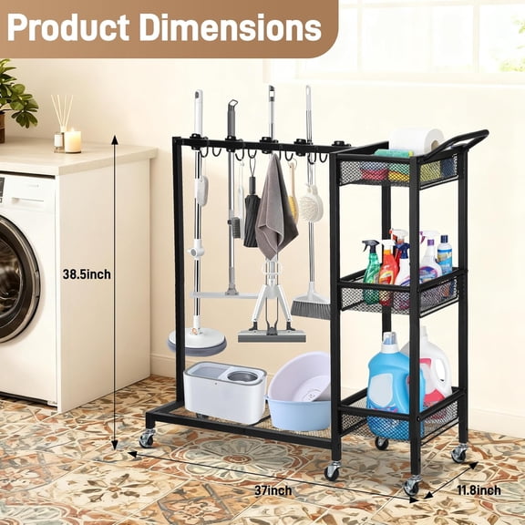 Broom Cart with Cleaning Supplies Organizer
