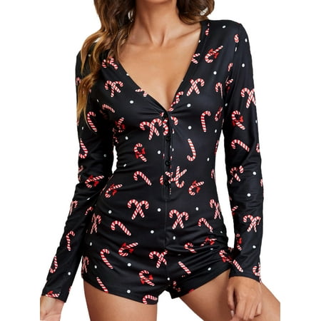 

Inevnen Christmas Women Jumpsuit Shorts Romper Button Down V-neck Santa Claus Plaid Onesies Pajamas