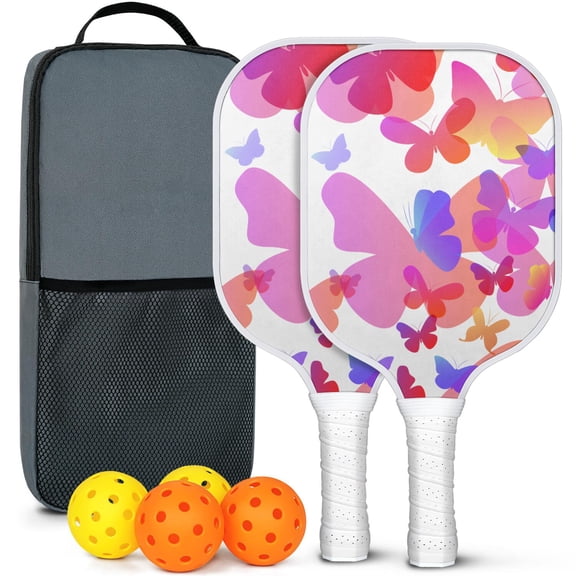 Pickleball Paddles Set Of 2, Fiberglass Surface, Butterfly, Spring Print, 4 Balls & Bag