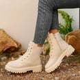 thumbnail image 3 of Rokment Women's Combat Boots With Side Zipper 2025 Winter Fall Fashion Black White Leather Platform Chunky Mid Calf Ankle Booties Beige Size 6.5, 3 of 5