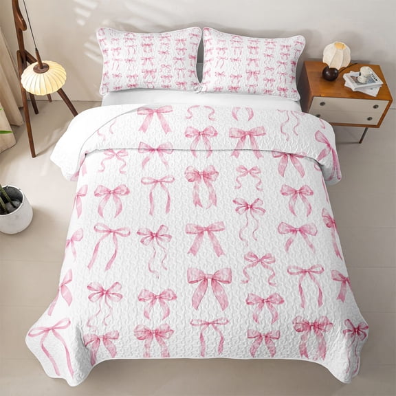 Manfei Girly Bow Twin Quilt Set For Kids,Pink Ribbon Bowknot Twin Coverlet Set,2-Piece