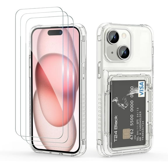 Wallet Case for iPhone 15 with 3PCS Screen Protectors, Clear Heavy Duty Shockproof Wallet Card Holder, Hidden Flip Card Slot Protective Hard Back Cover Case for iPhone 15, 6.1 Inch Clear