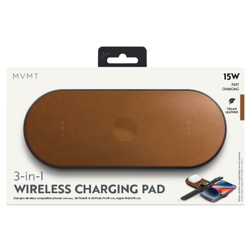 MVMT 15W Wireless Charging Pad Premium Vegan Leather 3-in-1 Fast Charger for Phone, AirPods & Apple Watch