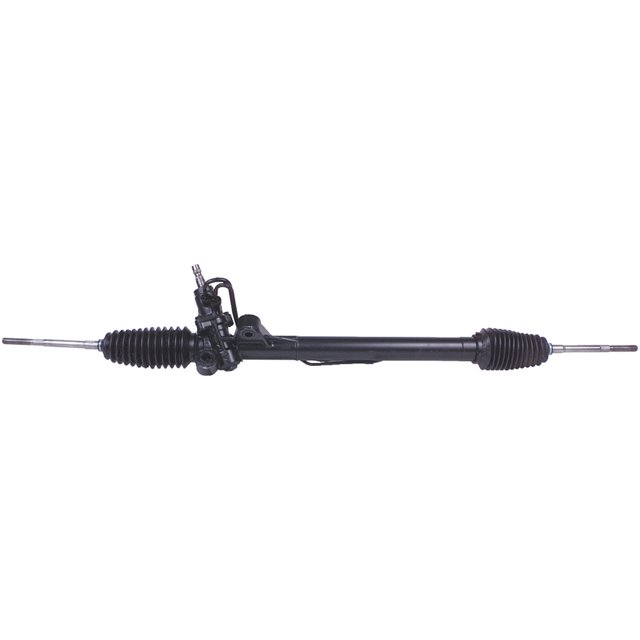 cremallera dirección t100 1995 a 1998 toyota hidráulica reman CARDONE negra, vista frontal completa de cremallera y piñón con fuelles en ambas rótulas, cuerpo tubular largo y dos orificios de montaje visibles; incluye kit de instalación y hoja de instrucciones, indicada para reemplazo en modelos Toyota 1995-1998.