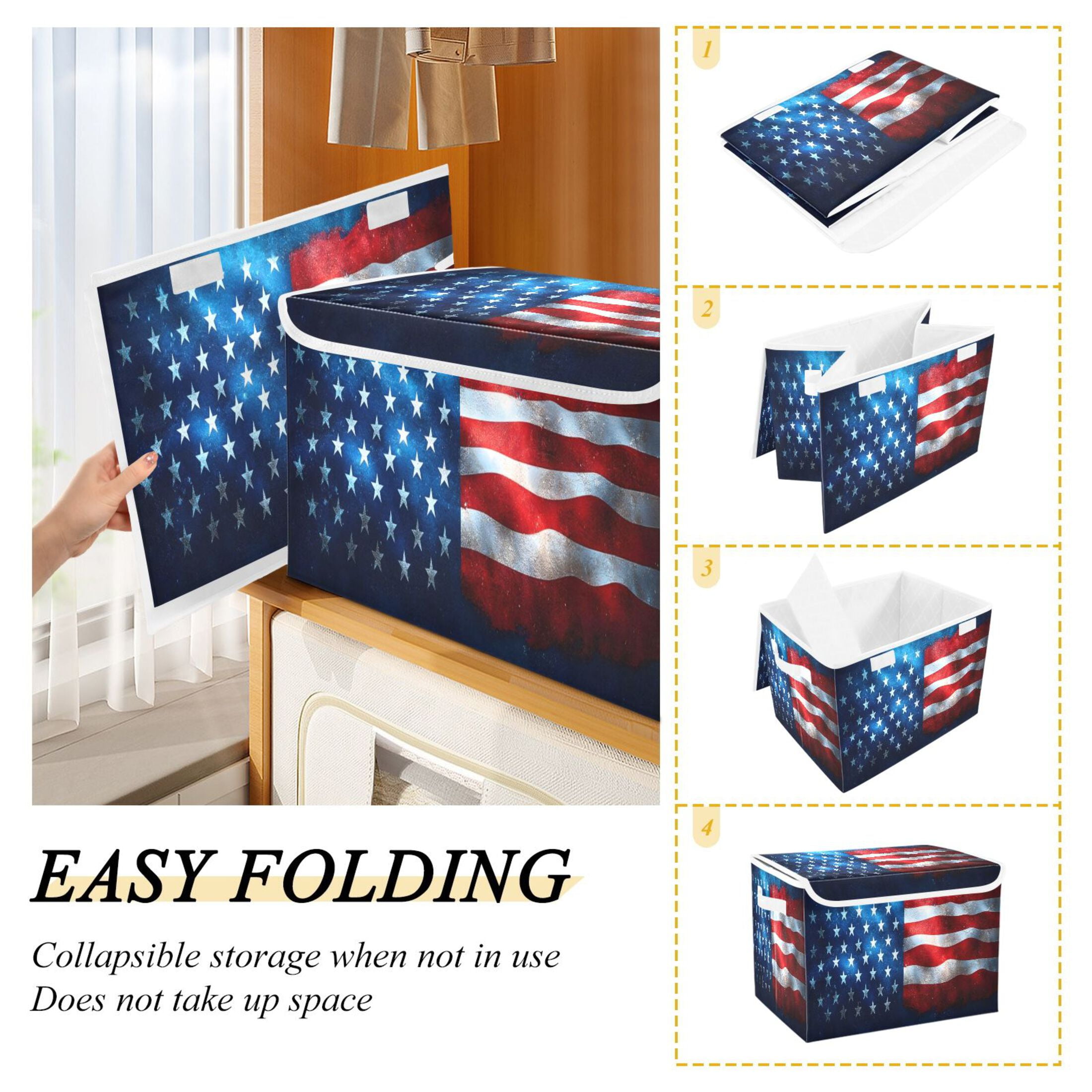 Ryvnso American Flag Large Lidded Foldable Storage Baskets Cubes Boxes Lids Bin for Home