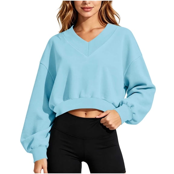 Hurxie Cropped Sweatshirt for Women, V Neck Acid Wash Crop Pullover, Soft Fleece Long Sleeve Sweatshirt for Women Light Blue,L