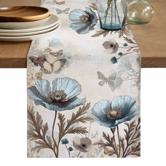 Teal Tulip Table Runner, Vintage Spring Floral Summer Botanical Brown Washable Cotton Linen Table Runners 72 Inches Long, Dresser Scarf Runner for Dining/Coffee/Kitchen/TV Stands/Cabinets 13''x72''