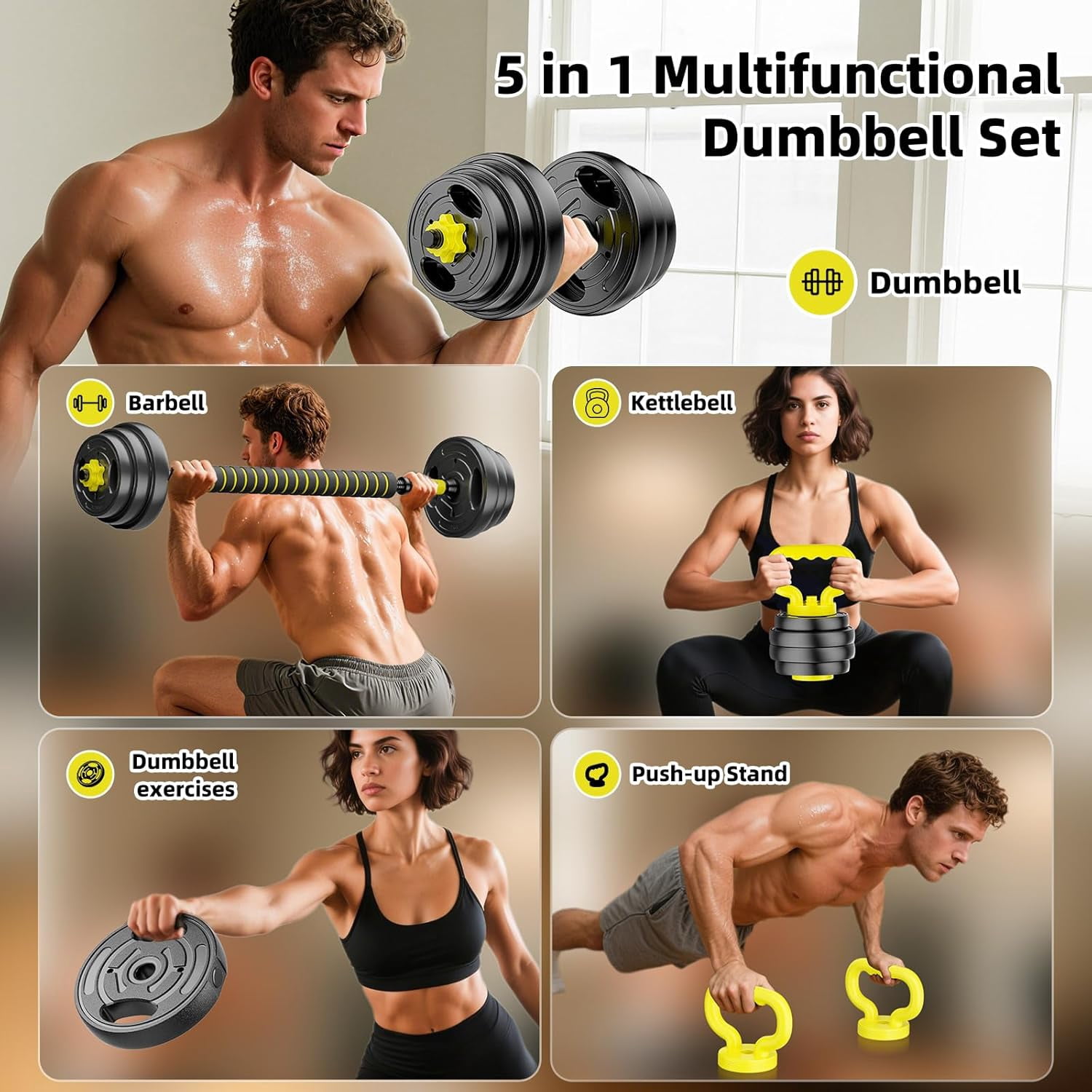 Adjustable  Set 10-90lbs 4-in-1  Weights Barbell Kettlebell Push  Stand for Home Gym Fitness