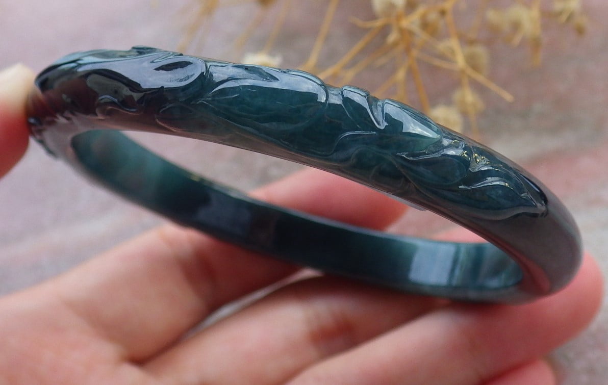 Icy Green Natural A JADE Jadeite Bird Leaf Flower Bangle Bracelet 58 mm 684011 TN