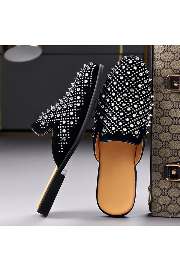 Men's Black Rhinestone & Spiked Mule Slides, Slip-On Backless Casual Loafers with Sparkle Embellishments