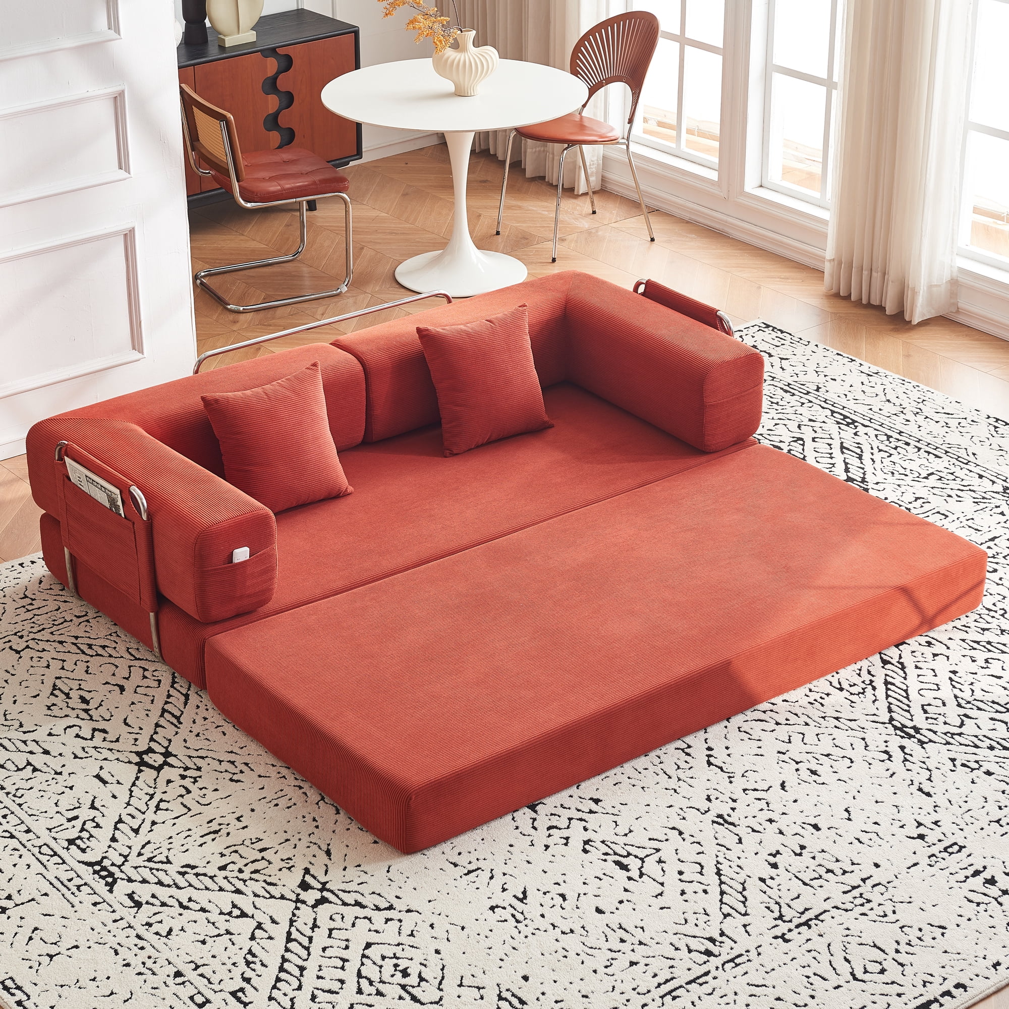 79" Convertible Sofa Bed ,CARZZI LIFE Compressed Floor Boneless Couch Modular Corduroy Sleeper Sofa, Folding Mattress Couch for Small Spaces - No Assembly Needed in Orange with Storge