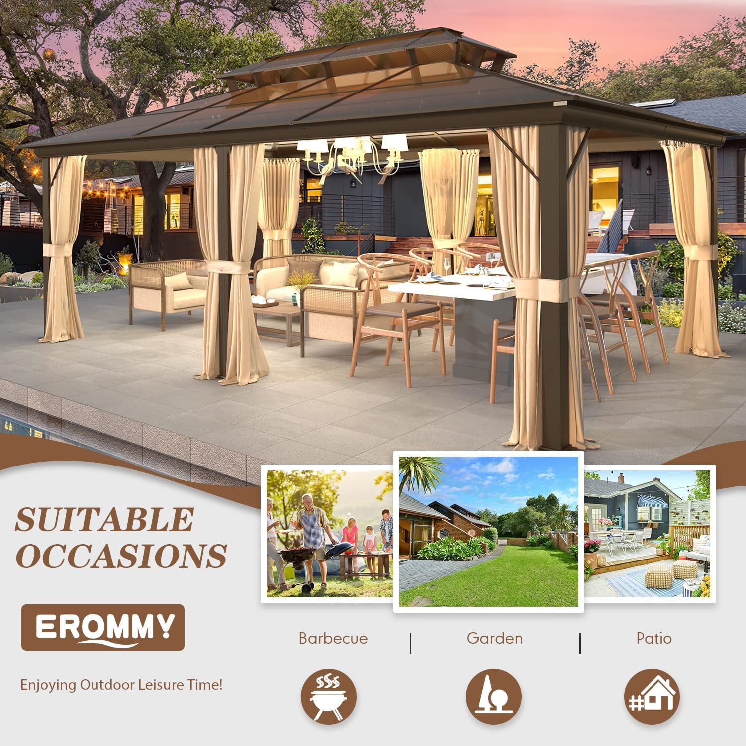 EROMMY 12'x20' Gazebo Polycarbonate Double Roof Canopy with Aluminum Frame, Outdoor Permanent Metal Pavilion with Netting and Curtains for Garden Patio Lawns