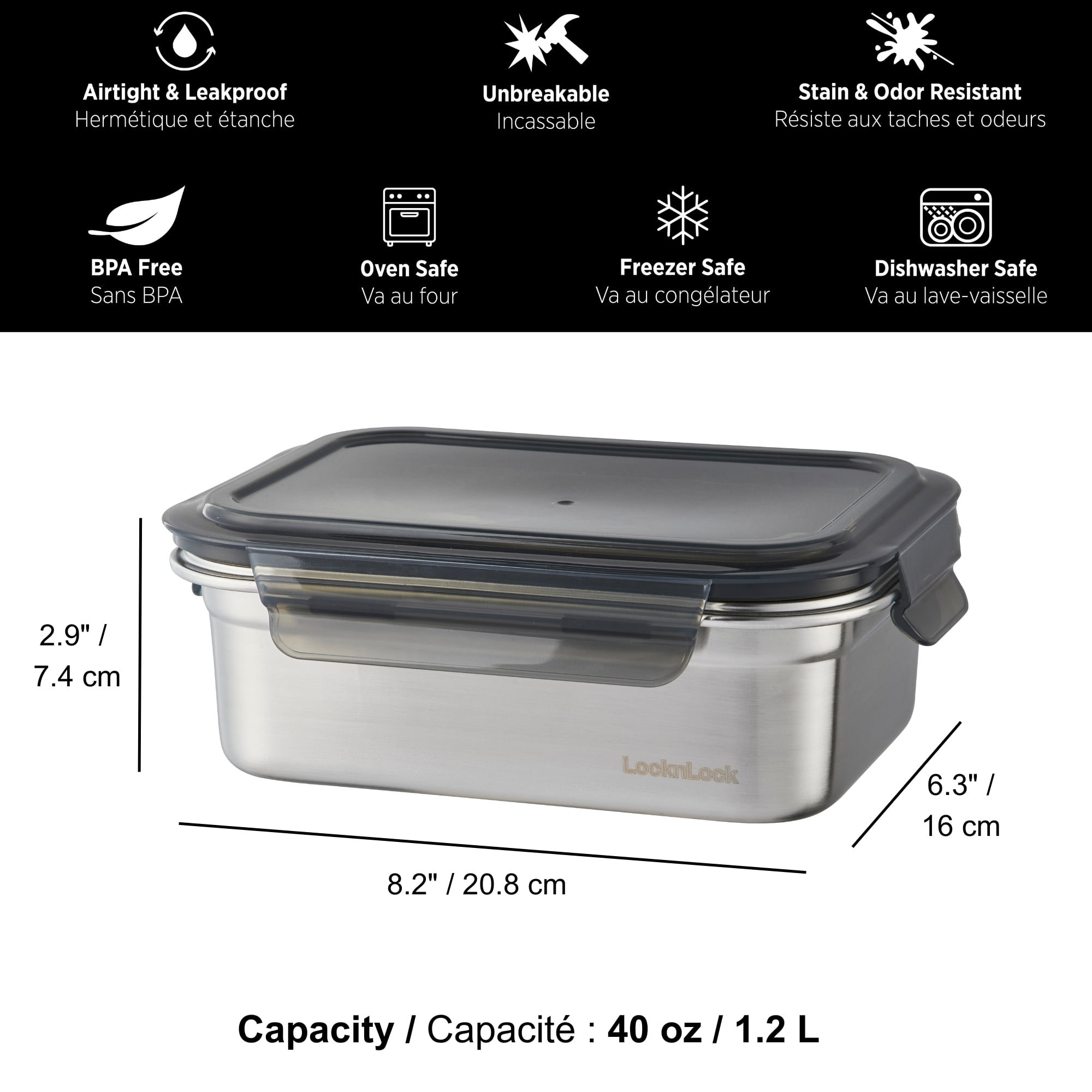 Starfrit LocknLock Steel - Contenant en acier inoxydable - 1,2L /40oz - Hermétique et étanche - Couvercle verrouillable à 4 côtés Acier inoxydable