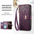 thumbnail image 6 of Compatible with iPhone 16 Wallet Phone Case,With Shoulder Strap&Wrist Strap,Zipper Pocket,Card Slots,Flip Folio Kickstand,Flower&Leaf Emboss PU Leather Shockproof Phone Case,Purple, 6 of 13
