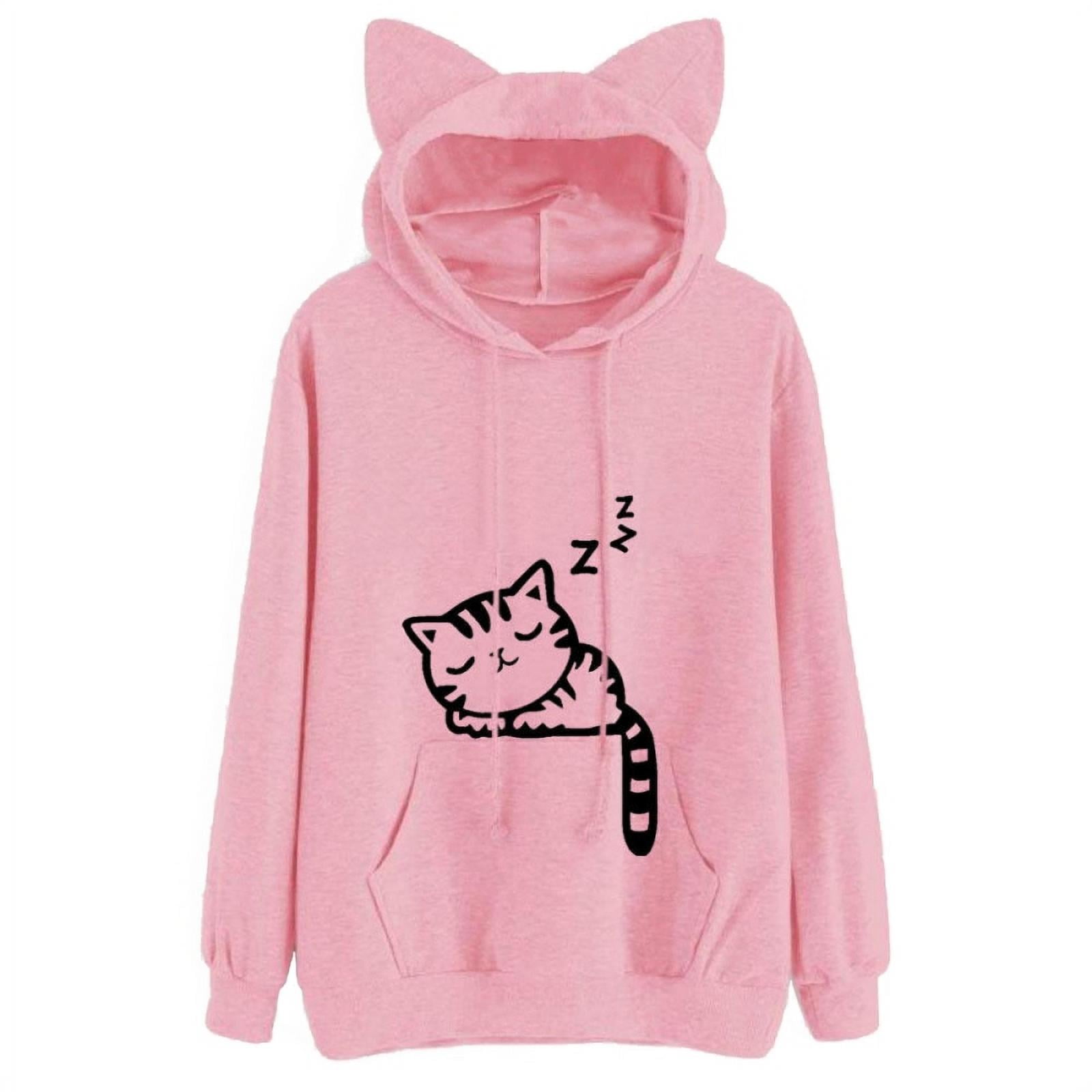 Ice Cream Meow Cat Women Pullover Long Sleeved Hooded Without Pockets Sweatshirt