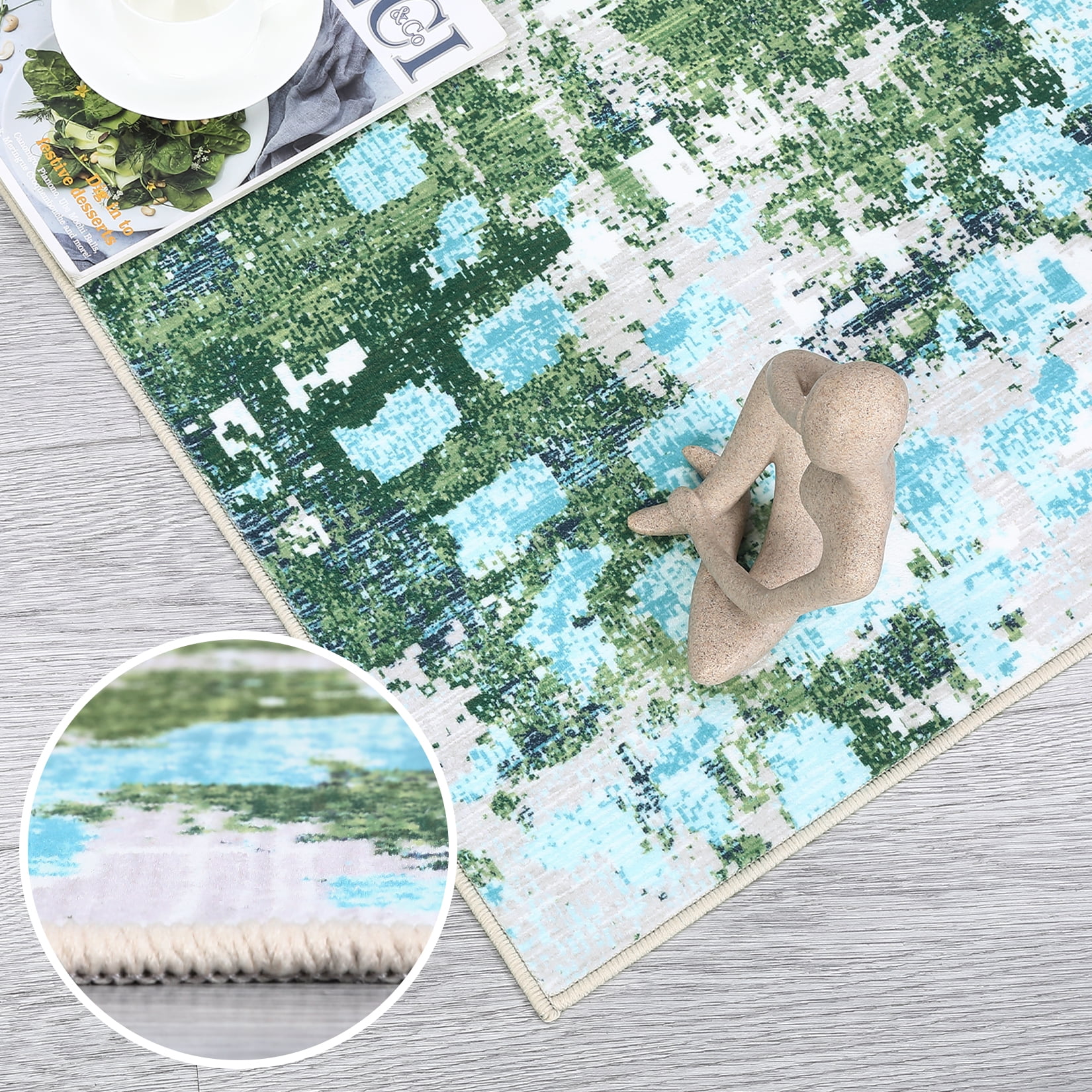 HOMERRY Modern Abstract Washable 2' x 6' Runner Rug Non-Skid Low Pile Green/Gray Kitchen Doormat