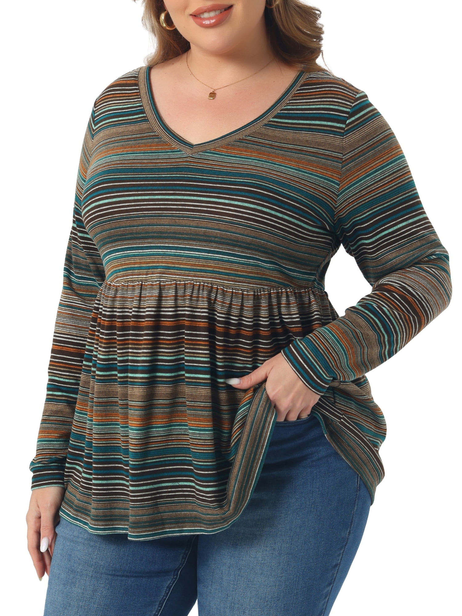 DARING DIVA Women's Plus V Neck Stripe Peplum Knit Blouse 2X Orang Brown