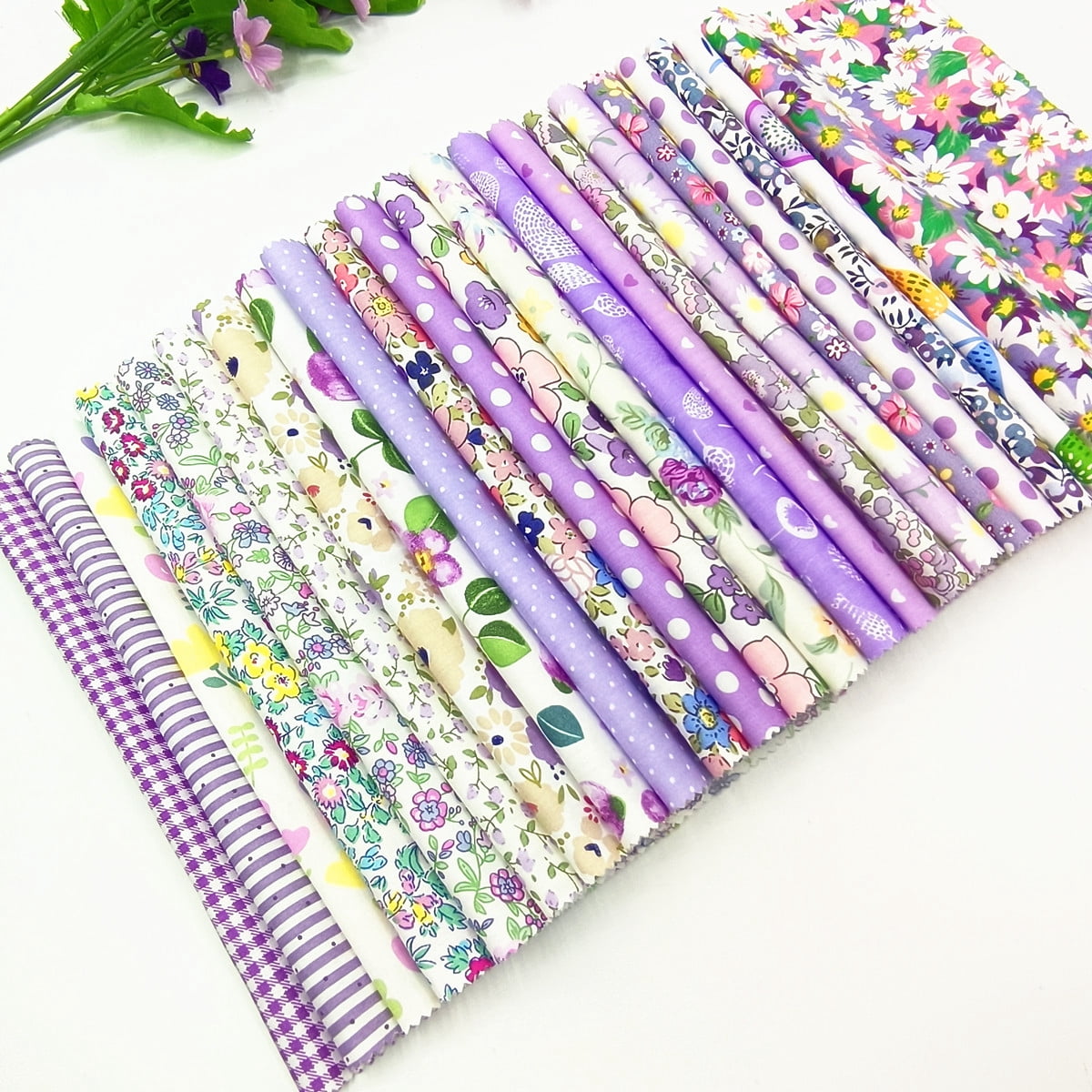 iMzoon 22Pcs 10" Cotton Fabric Quilting Squares,No Repeat Floral Charm Pack, Precut Pink Fabric for Sewing with Wavy Edges, DIY Scrapbooking Craft Supplies Purple