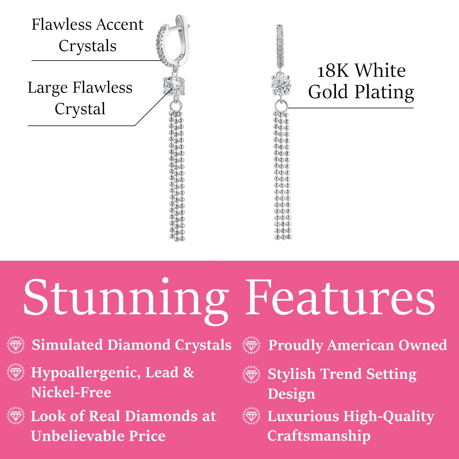 Cate & Chloe Raya 18k White Gold Plated Dangle Earrings with Simulated Diamond Crystals for Women