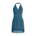 thumbnail image 5 of VBVC Women's Faux Suede Halter Neck Mini Dress , Ladies' V-Neck Fringe Hem Western Dress , Festival Party Bodycon Dresses For Women,Light Blue,S-2XL, 5 of 9