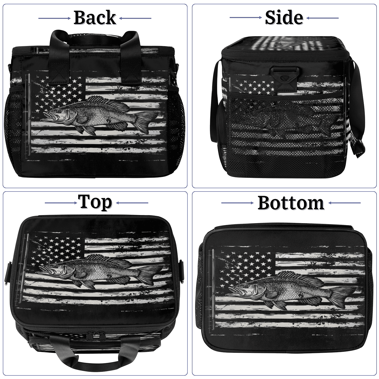 Herdesigns American Flag Large Insulated Lunch Box for Adults Women Men with Adjustable Shoulder Strap, Bass Fish Reusable Cooler Lunch Bag for Offices Picnic Hiking Beach