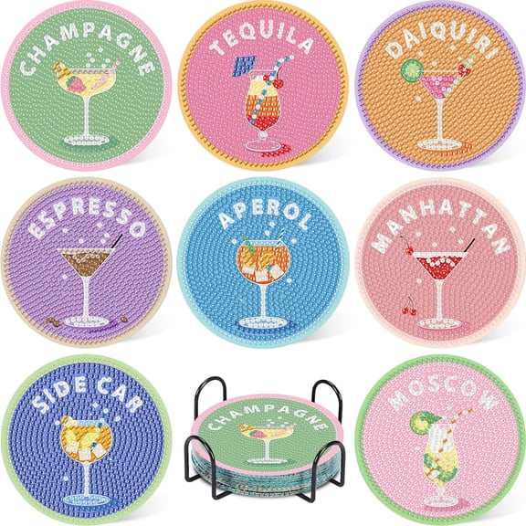 8 Pcs Cocktail Diamond Art Coasters Kit for Adults, 5D Diamond Painting Coasters Set of 8 with Storage Holder, DIY Gem Diamond Dots Crafts Gift for Home Table Decor