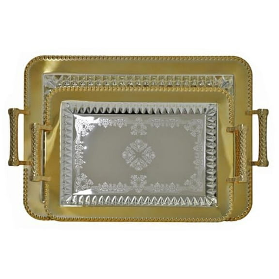 2-Piece Rectangular Silver & Gold Plated Serving Tray Set, 17" & 14", Stainless Steel for Tea, Fruit & Snacks