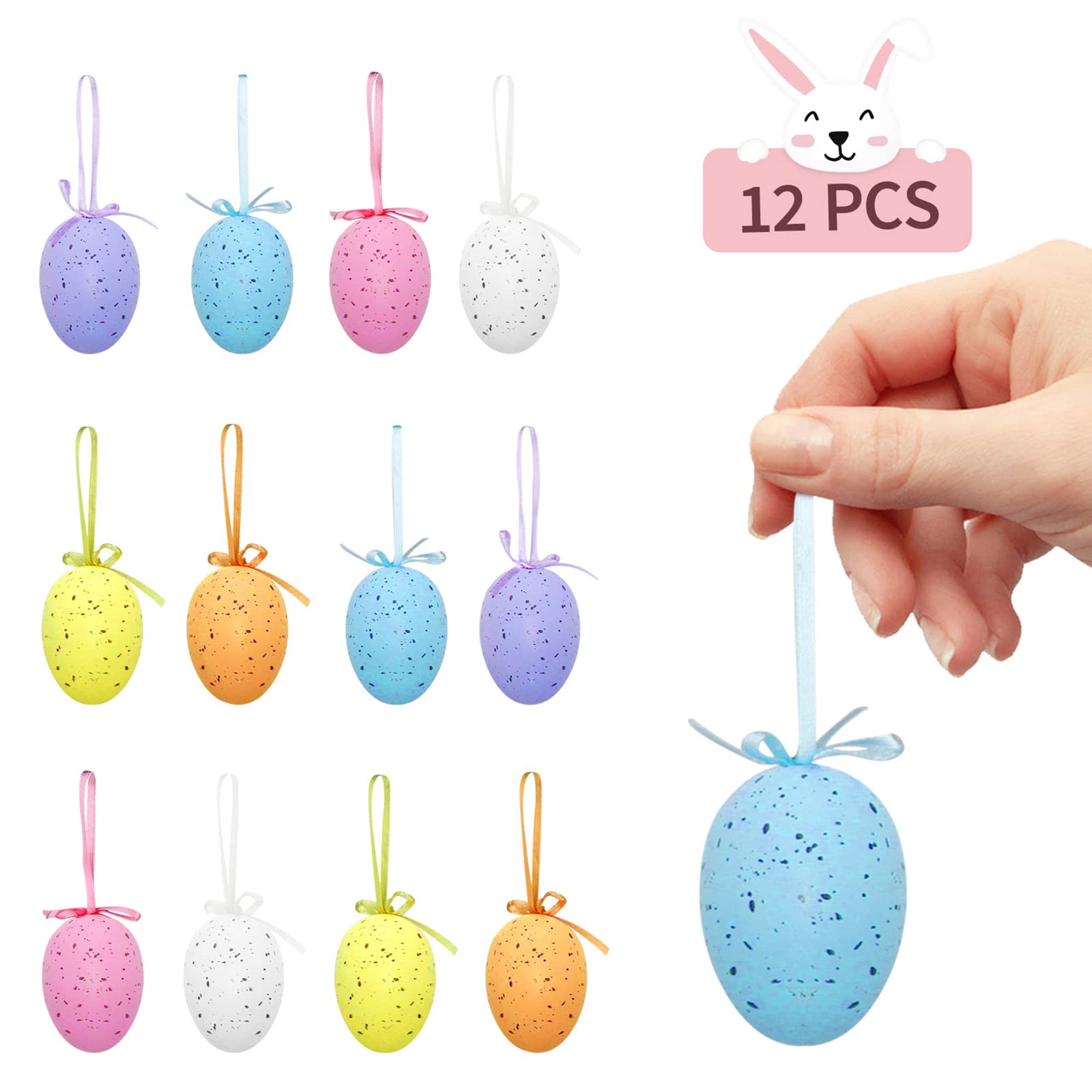 12 colorful plastic Easter eggs with dots. Perfect for hanging, basket stuffers, tree ornaments. Spring party favors for indoor/outdoor decor. Multicolor.