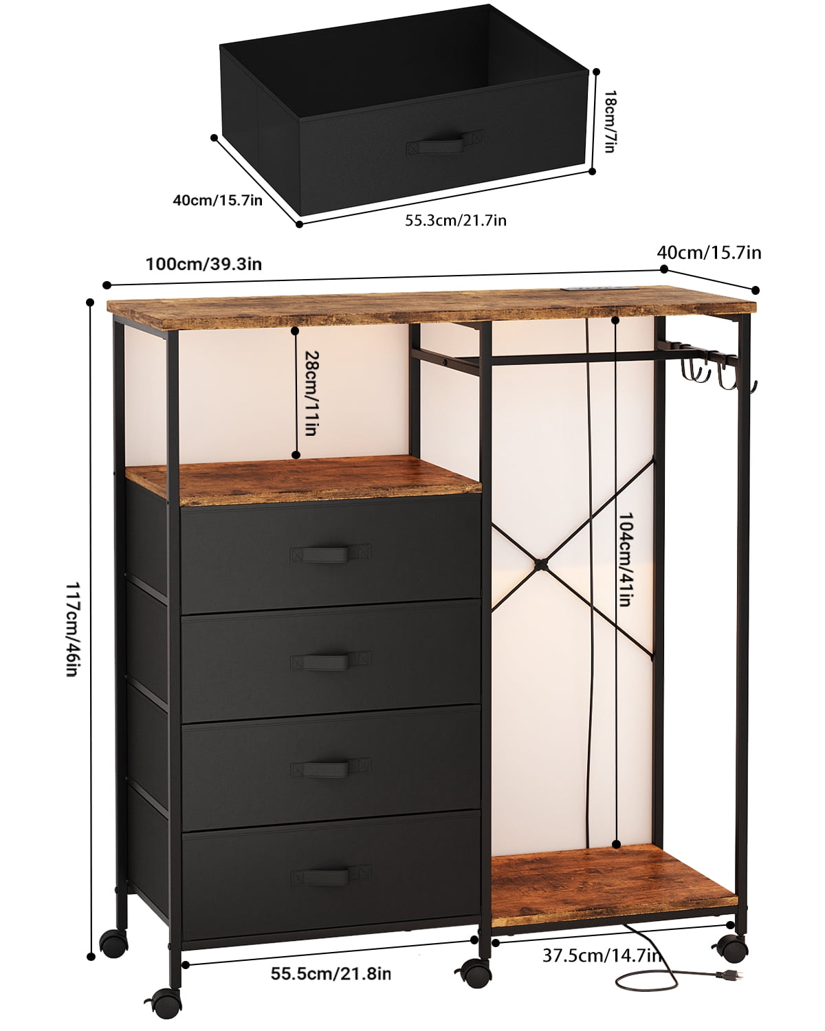 Dresser with Hanging Rack, Bedroom Dresser with Hanging Rack Chest of Drawers with Fabric Drawers & LED Lights & Charging Station, Rust Brown