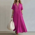 thumbnail image 2 of Noric Women V Neck Short Sleeve Maxi Dresses Loose Pleated Front Flowy Casual Summer Beach Vacation Daily Boho Dresses, 2 of 7