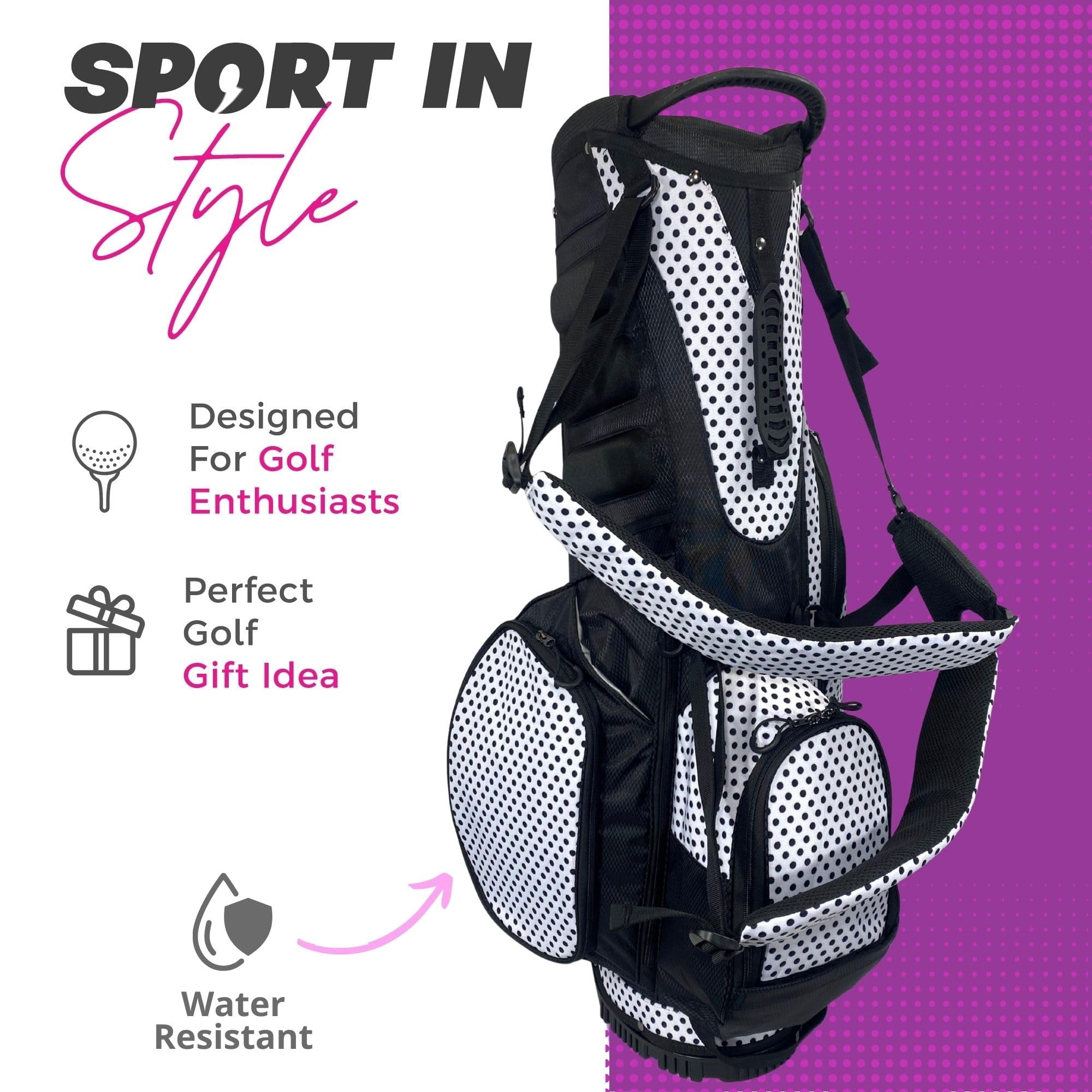 Women's Lightweight 4-Way Women's Golf Stand Bag | Taboo Fashions Stand Bag | Range Bag, Par 3, Executive Course | Self Flexing Stand, Adjustable Strap (Black Tie Polka Dots)