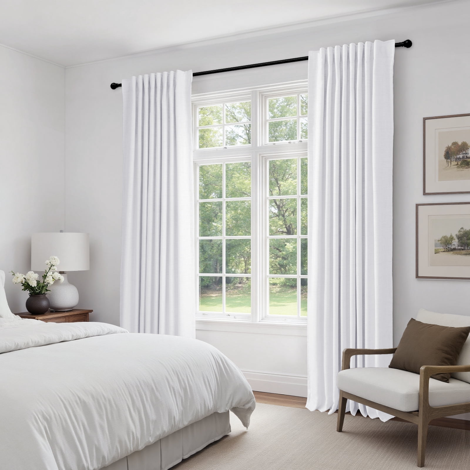 100% Blackout Faux Linen Curtains for Bedroom 90 Inches Long,2 Panels Set,Thermal Insulated Back Tab Drapes,50"Wx90"L,Bright White