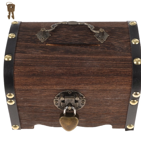 PENIKOKO Handmade Wooden Treasure Chest Coffee Color Bank Lock