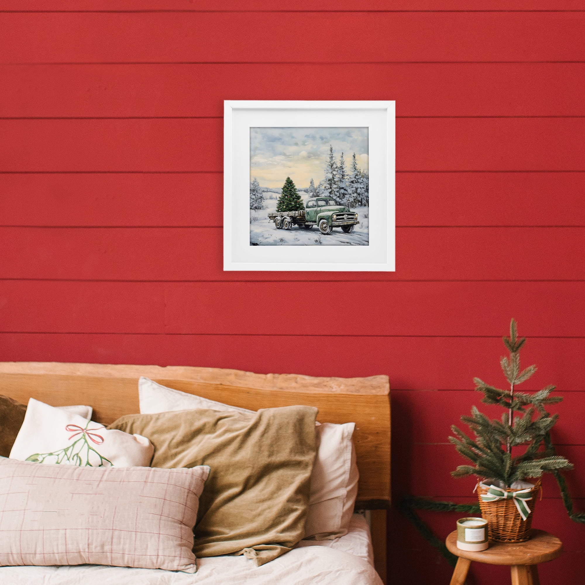 Green Christmas Tree Truck White Framed Print Under Glass, design by Petal Prints Design
