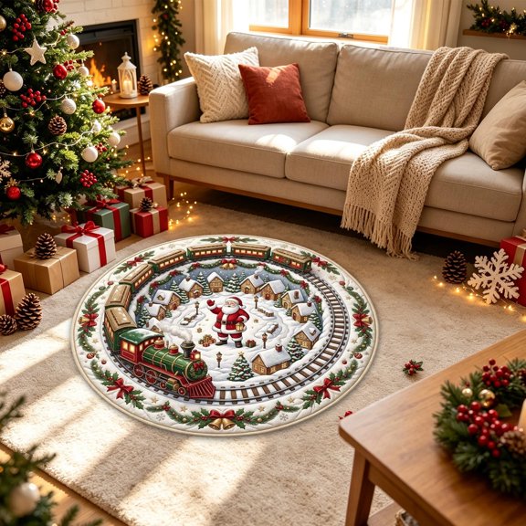 Cififendec Christmas Round Area Rug, 31.5", Large 3D Visual Illusion Floor Mat with Santa Print Non Slip Base for Fireplace Side Festive Floor Styling