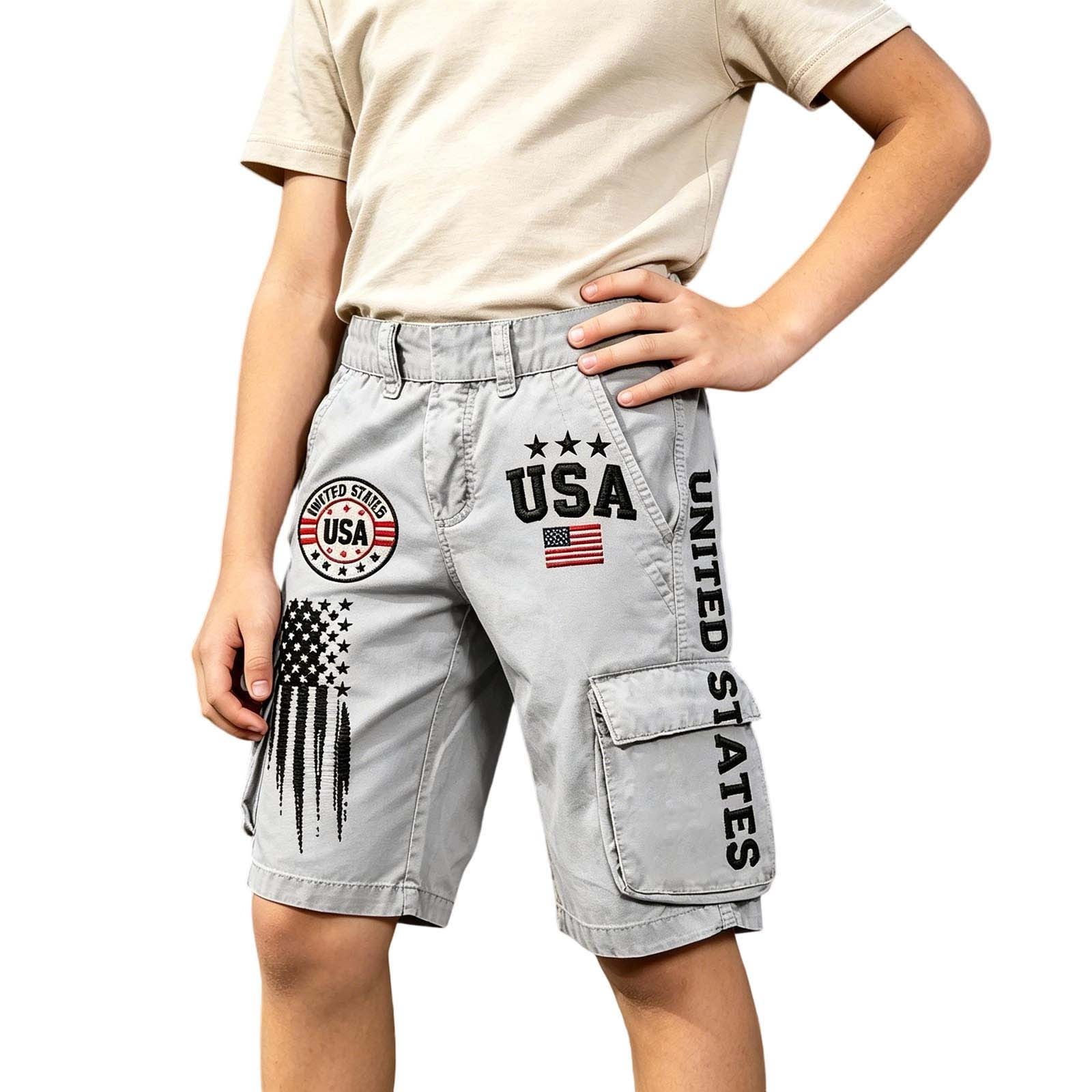LPKRT Little Bous Summer Cargo Shorts Patriotic Print Knee Length Pants Fashionable Relaxed Fit Summer Hiking Shorts Grey 5-6 Years