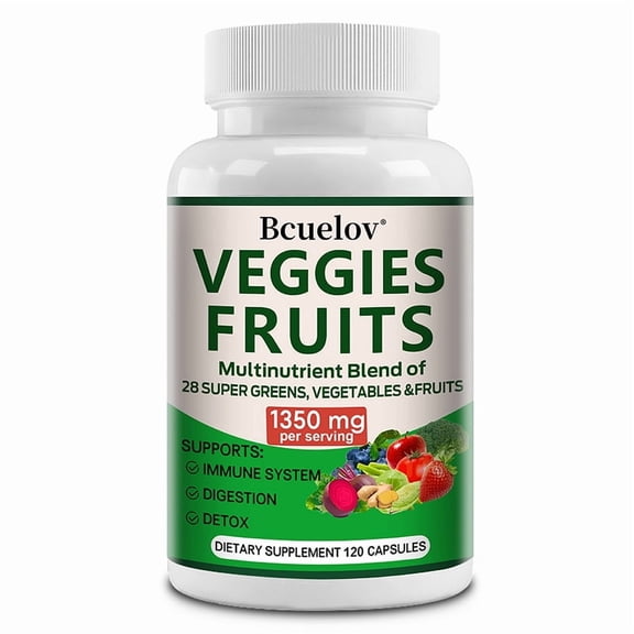 Bcuelov Veggies & Fruits Capsules,Organic Greens Blend , 120 Count - 28 Organic Super Greens & Fruits Blend, Supports Immunity, Digestion & Detox