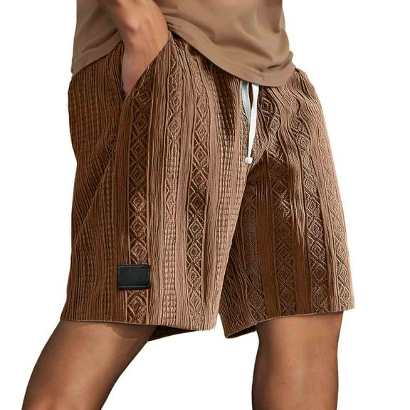 LIIPEE Men Casual Shorts Solid Color Loose Fit Elastic Waist Drawstring Jacquard Shorts With Pockets Male Breathable Hiking Shorts,Brown,L