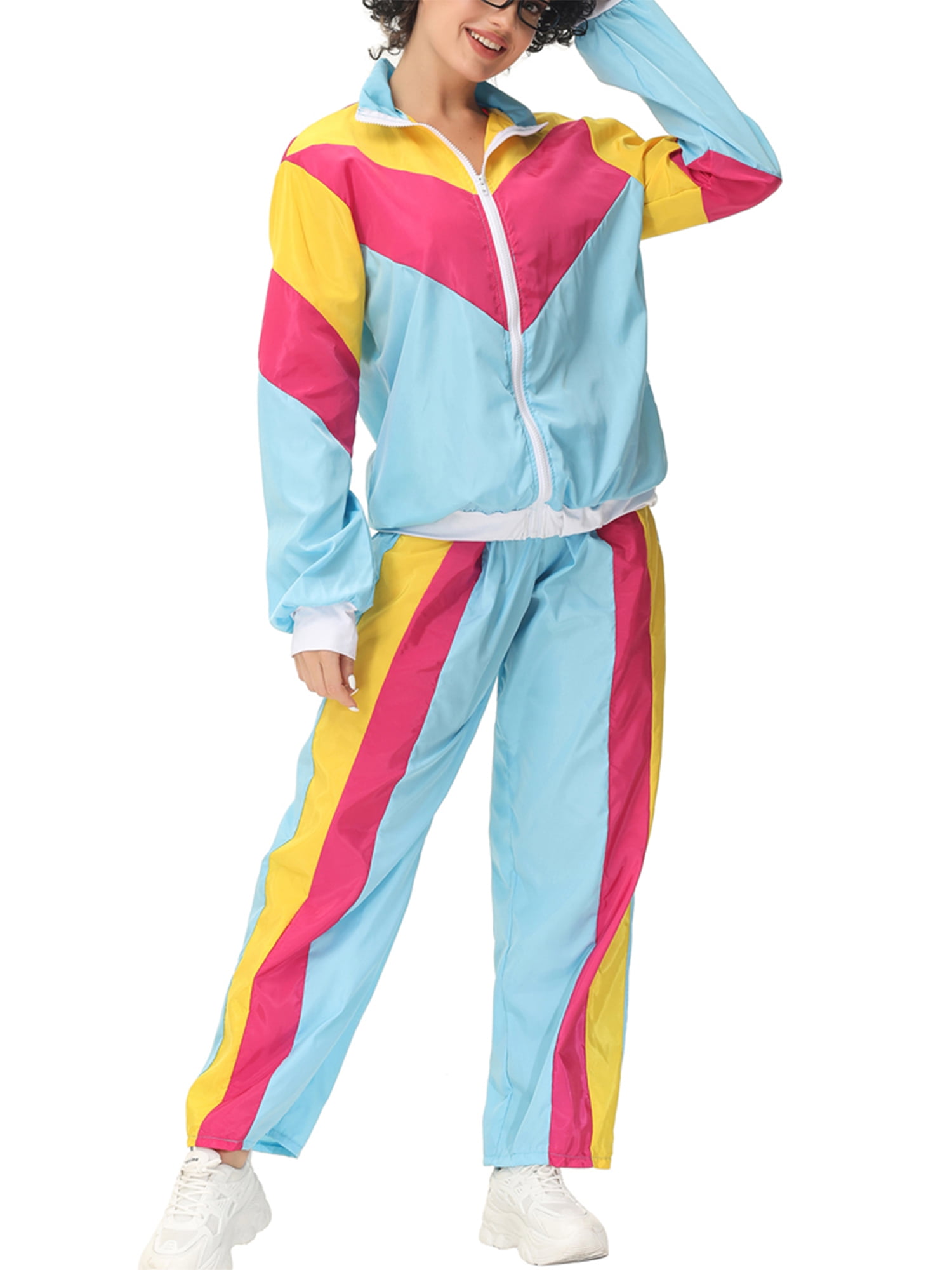 Eyicmarn 90s Hip Hop Costumes Outfits, Retro Tracksuit, Patchwork ZipUp Long Sleeve Coat Long