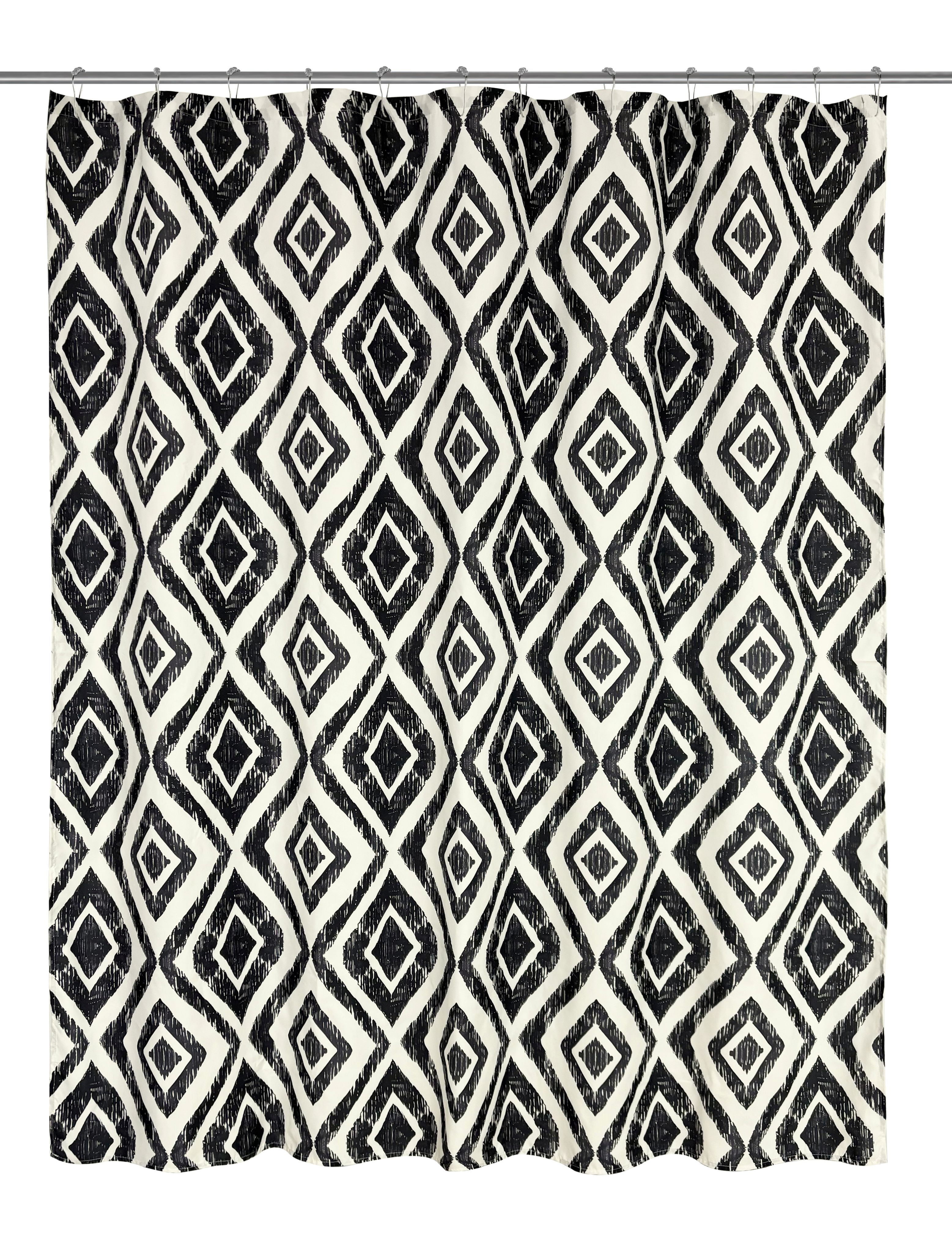 Mainstays 16-Piece Black Diamond Pattern Shower Curtain Bathroom Set – Fabric Curtain with Rug, Hooks, Soap Dispenser & Tray
