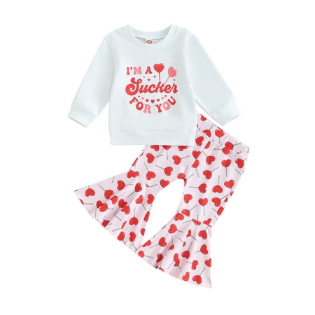 

Suanret Toddler Kids Girls Valentine s Day Outfits Long Sleeve Sweatshirt Lollipop Print Flare Pants Clothes White 18-24 Months