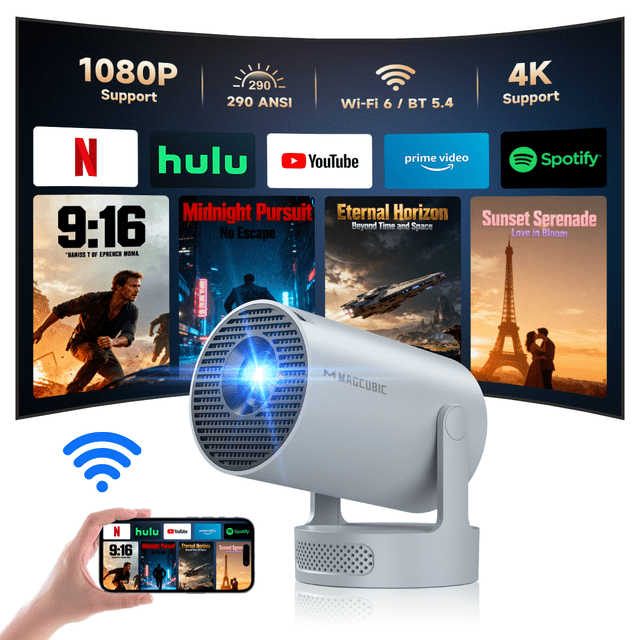 Magcubic Proyector 4K 1080P Soporte, Miniproyector Inteligente con Altavoz de Base de Sonido de 5w para Proyección de Películas, HY300 Pro+ Blanco