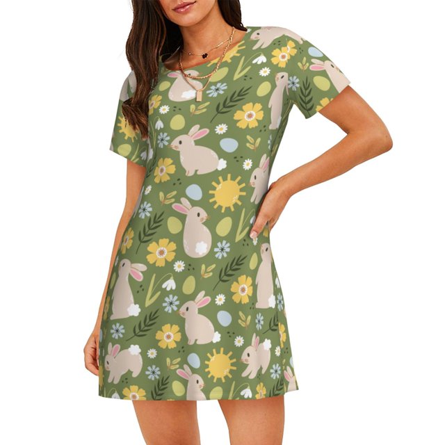 Fotbe Happy Easter Bata de Dormir para Mujer con Estampado, Camisón de Algodón de Manga Corta, Ropa de Dormir Casual