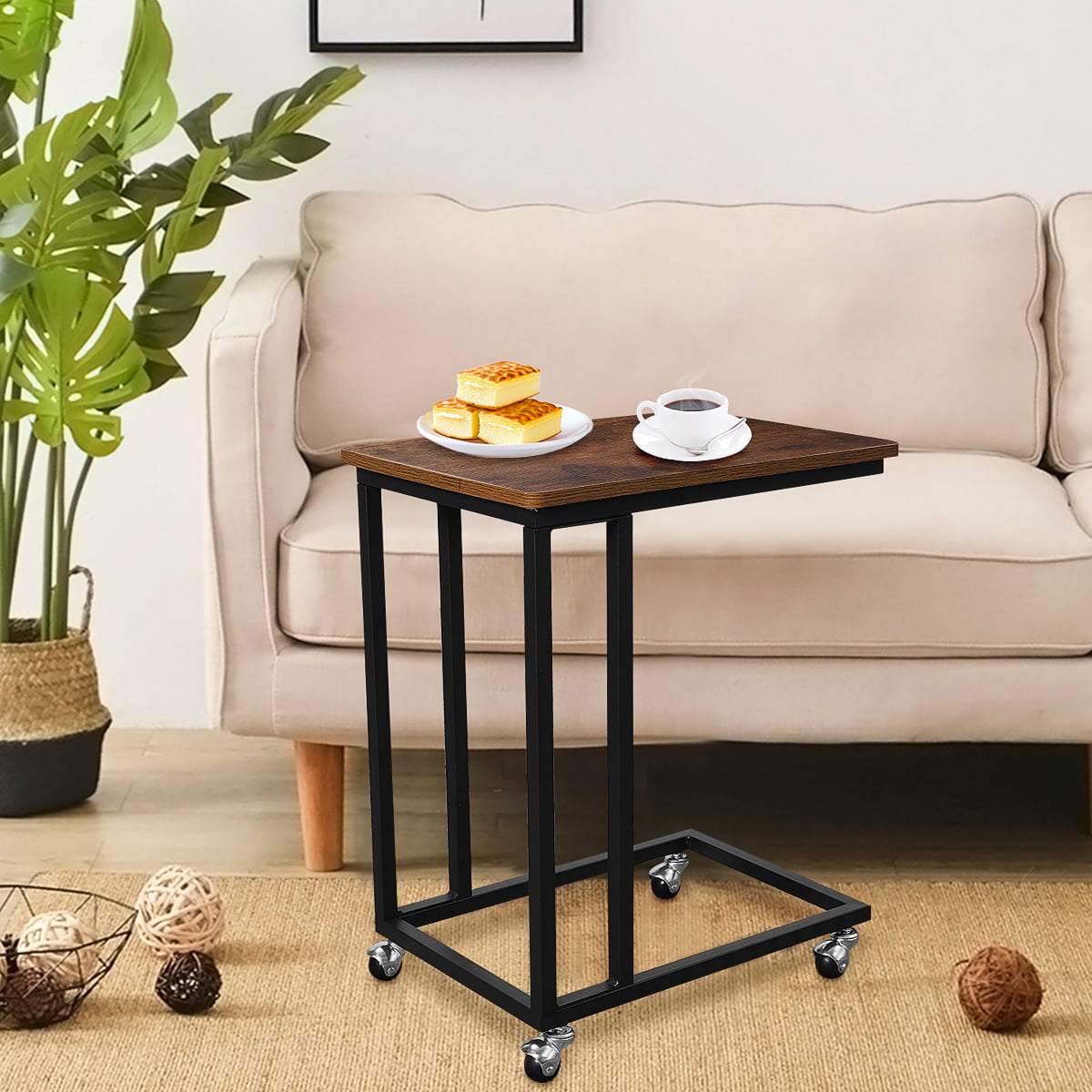 Industrial Round End Table Vintage Side Coffee Table Slides Next to Sofa Couch 