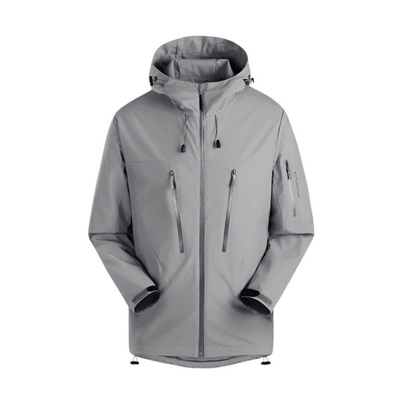 Waterproof Comfy Rain Jacket For Women Solid Color Long Sleeved Windproof Hooded Casual Winter Gray Raincoat Jacket L