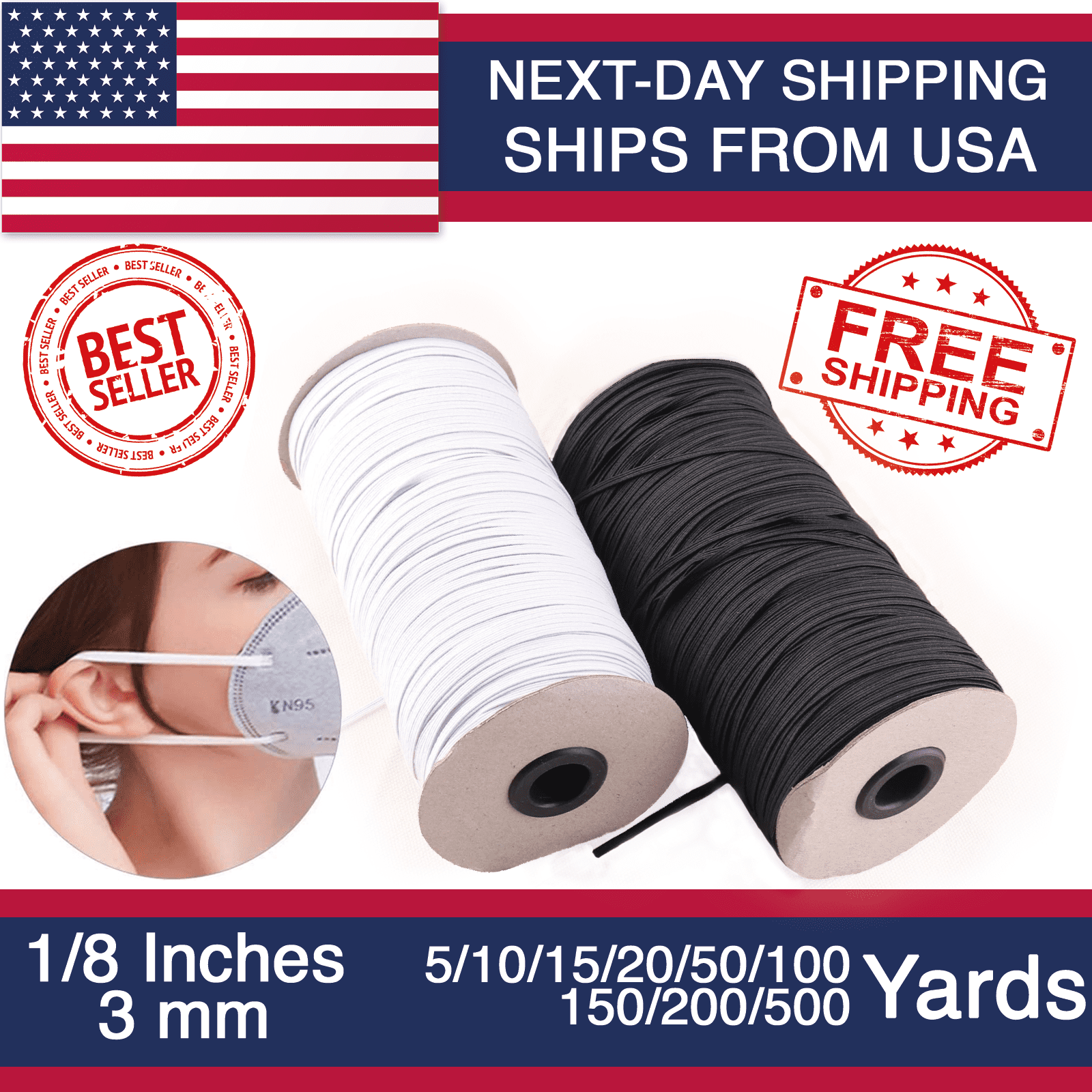 10/20 Yards White/Black DIY Sewing Knit Flat Elastic Band 1/8 inches Width 3mm 