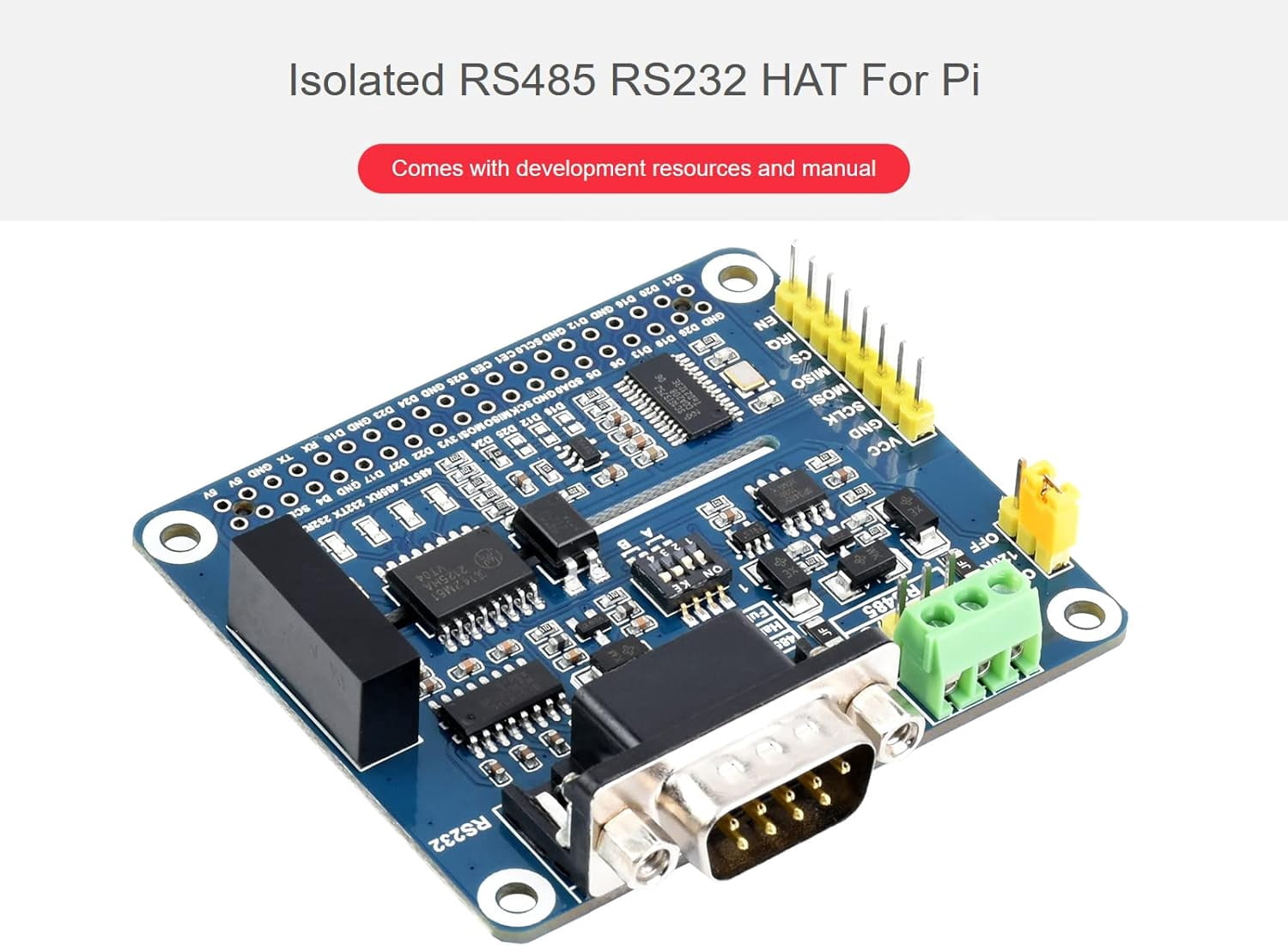RS485 RS232 HAT for Isolated RS485 RS232 Expansion Board Adopt SC16IS752+SP3485, SP3232 Scheme, Converts SPI to RS485, RS232, Communication Rate up to 921600bps, Multi Protection Circuits