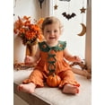 thumbnail image 3 of RUINIXCW Toddler Baby Girl Halloween Outfit Infant Baby Girls Summer Fall Clothes Pumpkin Embroidery Peter Pan Collar Babydoll Shirt Top and Flared Pants Set, 3 of 9