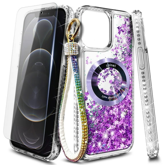 NageBee Designed for iPhone 11 Pro Max Magnetic Case for MagSafe, Tempered Glass Screen Protector/Wrist Strap Lanyard, Glitter Floating Liquid Cute Case (Purple)